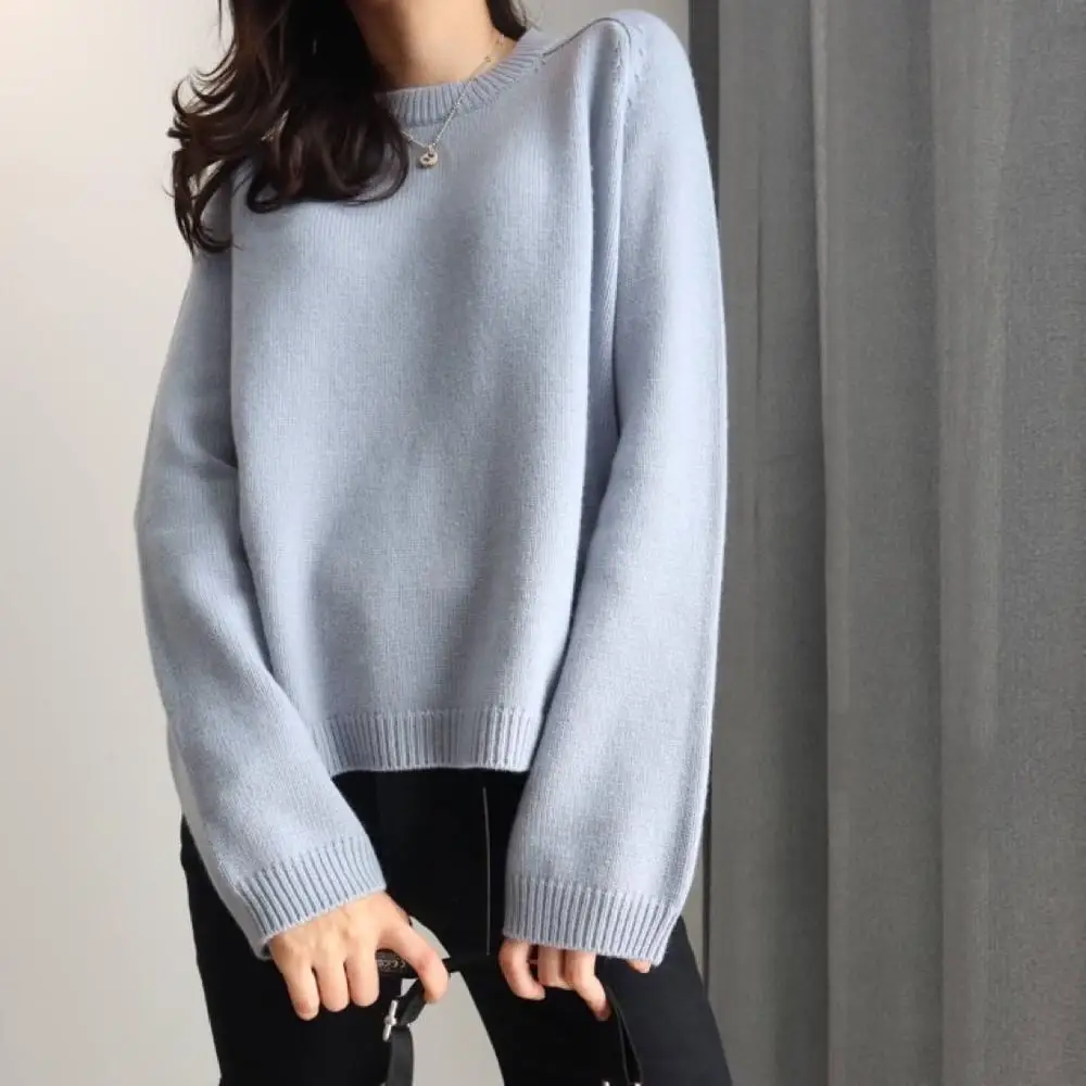 

Women's Mink Cashmere Sweaters O-neck round collar tops full sleeve casual thick sweater solid warm winter wool pullover F2376