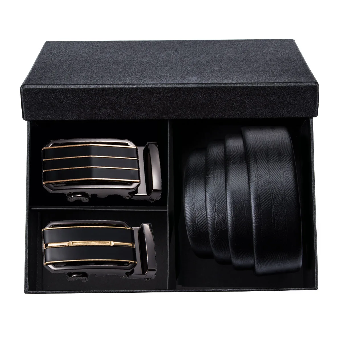 Formal Leather Belt for Men Black Cowhide Gold Automatic Buckle Waist Strap Ratchet Stripe Gift Set Barry.Wang | Аксессуары для