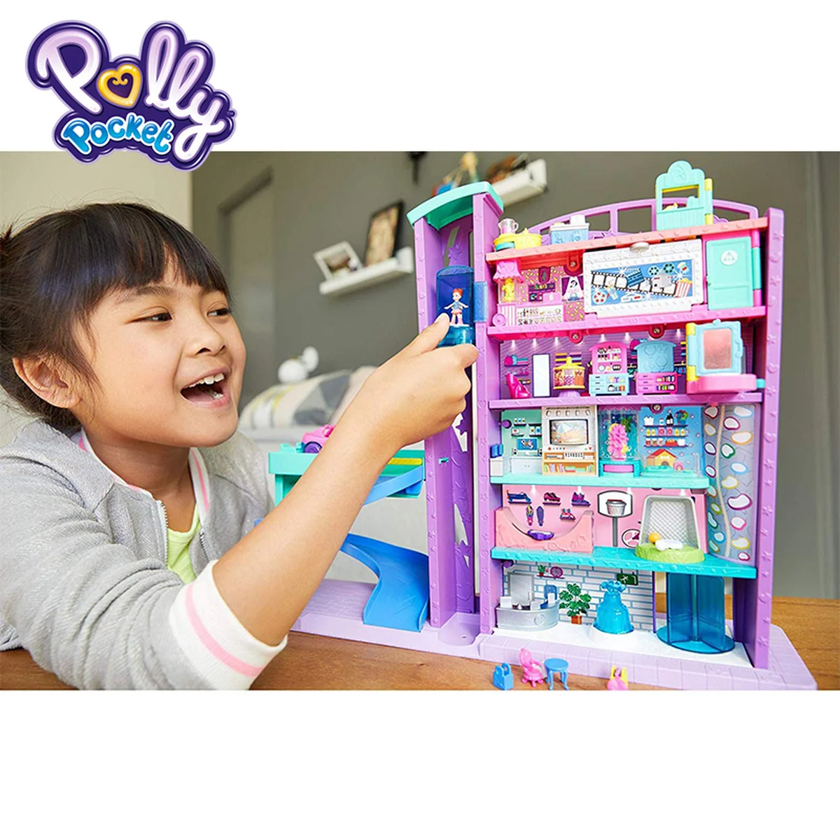 Карманный суперпакет Polly Pollyville Mega Mall с 6 этажным автомобильным лифтом и микро мини