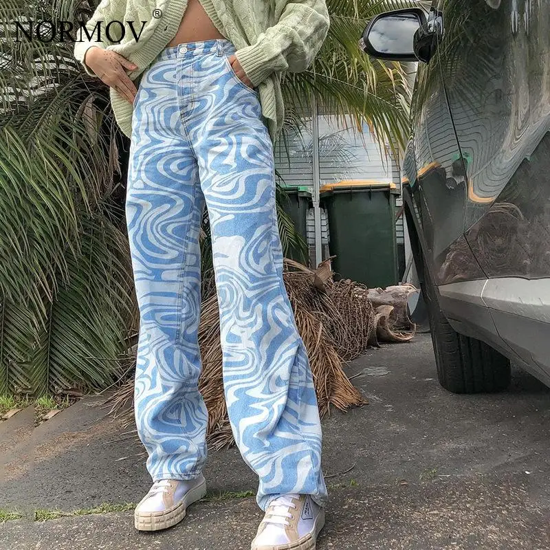 

NORMOV Blue Animal Print Loose Straight Pants Street Casual Straight Woven Baggy Streetwear Girl Vintage Pants