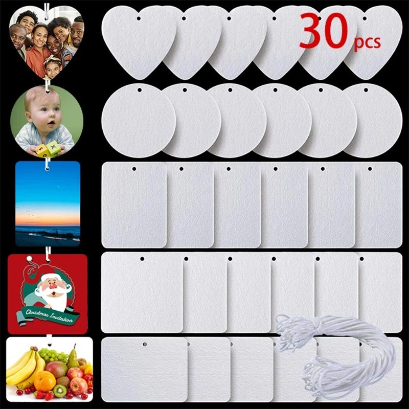 

30 Pcs Sublimation Blank Air Freshener Sheets with Elastic Cord Felt Thermal Transfer Key Chain Double-Side Key Tags for DIY