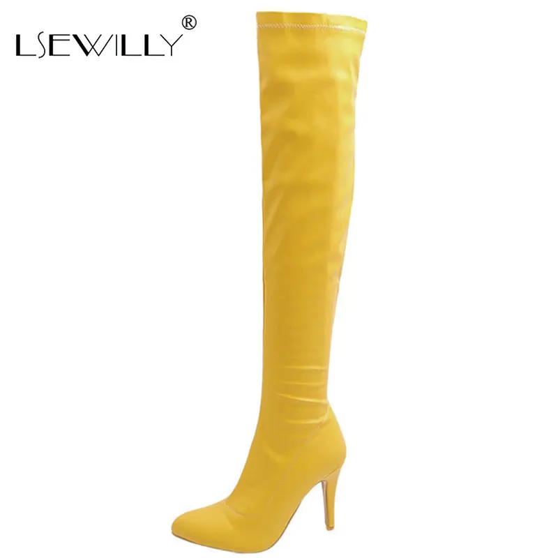 

Lsewilly мягкие эластичные ботинки из искусственной кожи Розовые Желтые синие с острым носком на высоком каблуке пикантные Сапоги выше колена ...