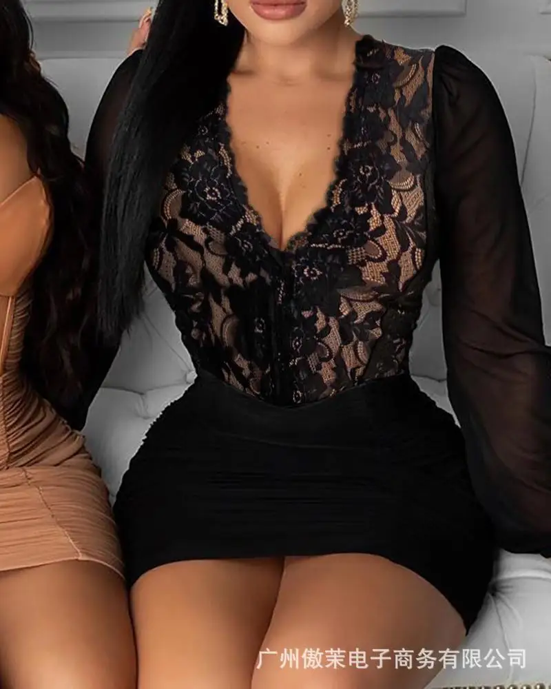 

Black Brown Leather Stitching Mini Chiffon Dress for Women 2021 New Fashion Sexy Mini Dress