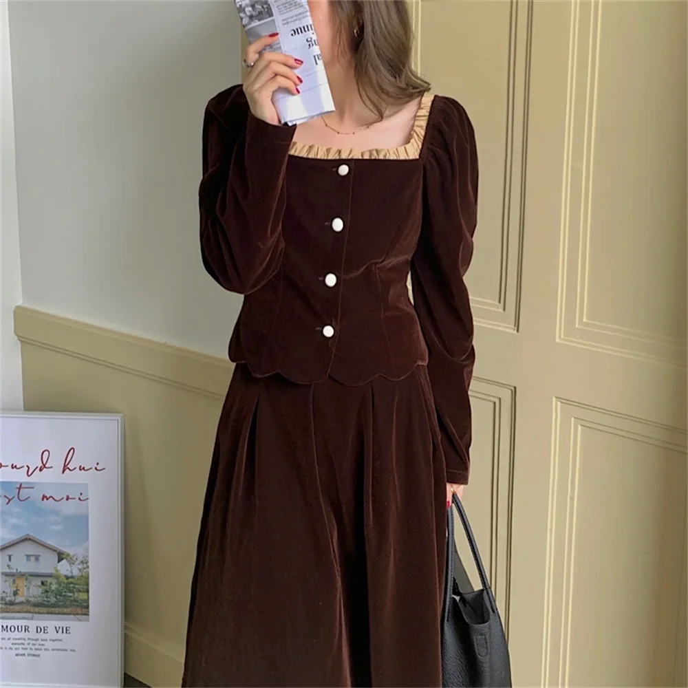 

Женский бархатный облегающий костюм 민민민민민, шикарные повседневные осенние пальто с пышными рукавами, новые женские юбки средней длины с в...