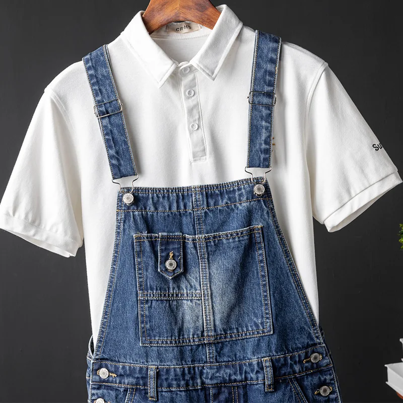 Men Denim Hole Bib Overalls Loose  Fashion Hip Hop Streetwear Jumpsuit Blue Tattered Jeans Homme Pants Freight Trousers