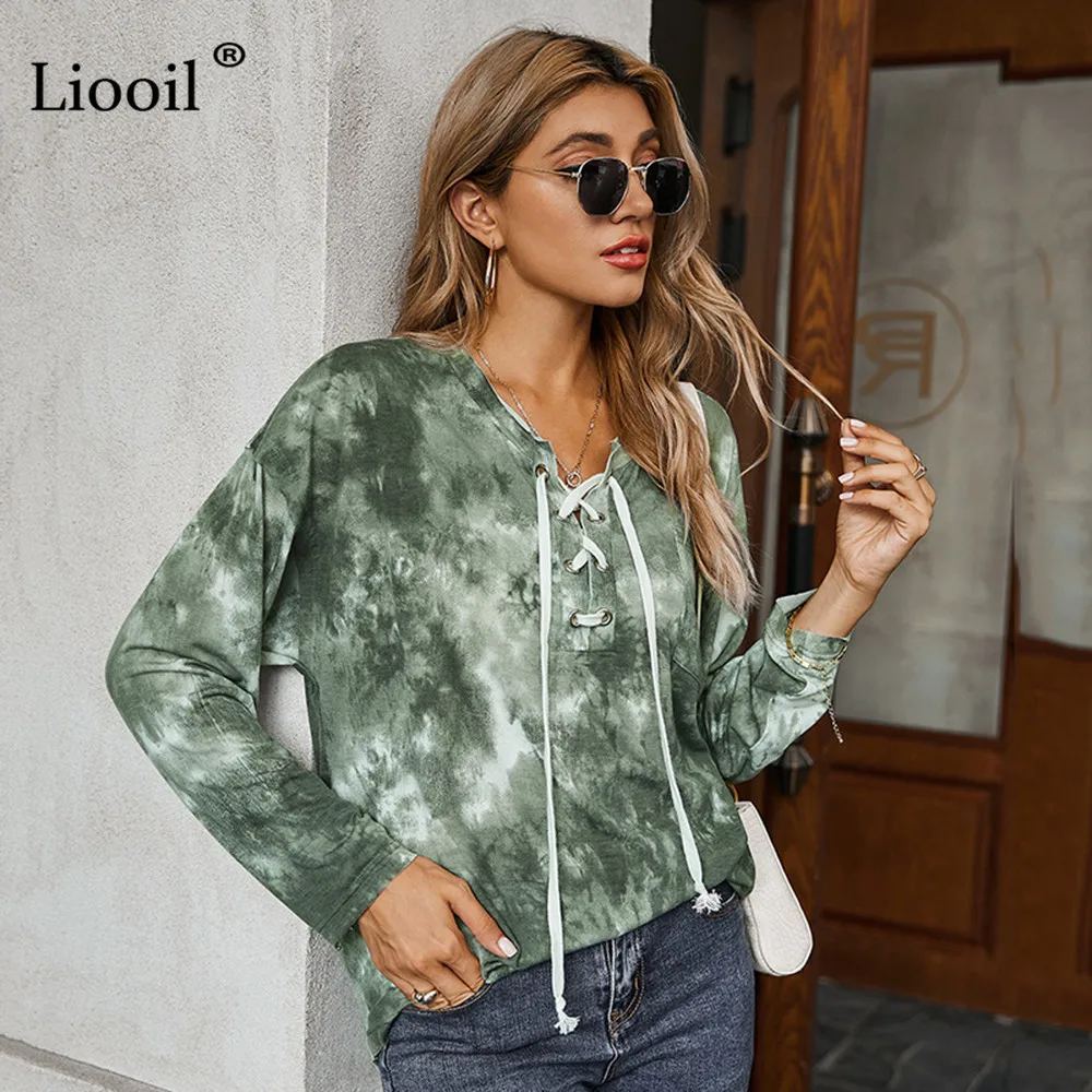 

Casual Loose Tie Dye Shirt Women 2020 Hollow Out Drawstring Long Sleeve O Neck Female Autumn Winter Print Tops And Blouses