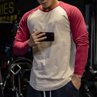 men cotton tshirt long sleeve patchwork shirt bodybuilding curved hem workout fitness t shirt mens clothing