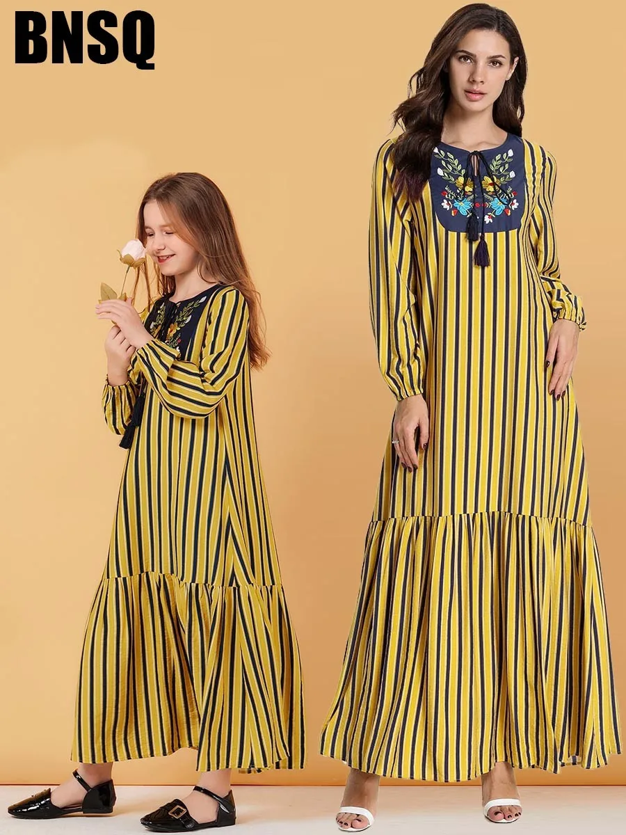 Мусульманское Полосатое Платье макси с вышивкой для девочек Детские одинаковые