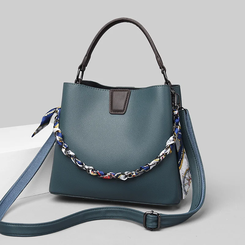 

Women Chain Bucket Bags Broadband Pu Leather Female Crossbody Bag Scarves Messenger Handbag Lady Quality Wide Shoulder Strap Bag