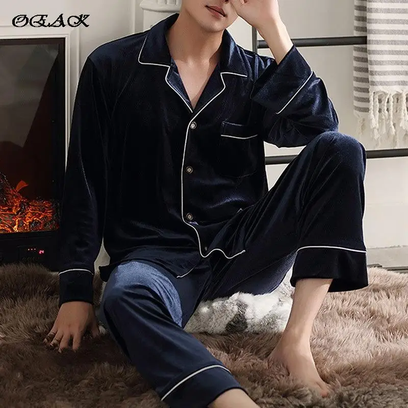 

OEAK 2021 Autumn Pajamas Men Long-sleeve Flannel Warm Men's Pajamas Sets Large Size Solid Color Home Service Suit Pyjamas