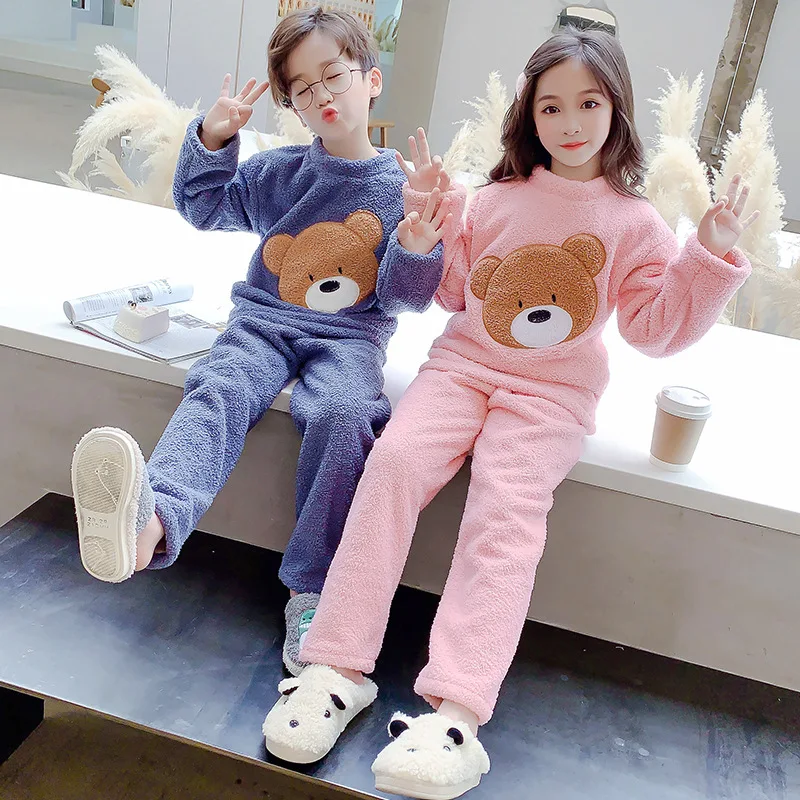 

Girl Boys Pajamas Suits Tops+ Pants 2Pcs/Sets 2021 Elegant Winter Autumn Thicken Plus Velvet Cotton Fleece Homewear Sleepwear Ch