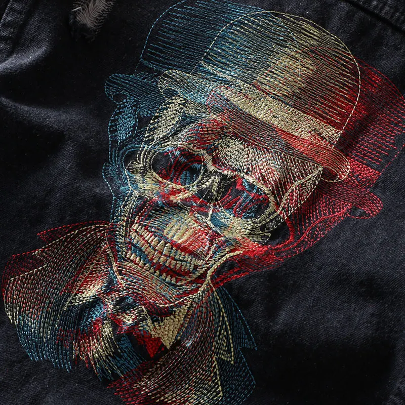 

Fashion Streetwear Men Jackets Destroyed Hip Hop Denim Jacket Men Skull Embroidery Designer Ripped Chaqueta Homme Punk Rock Coat