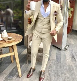 

ANNIEBRITNEY 2021 Khaki Formal 3 Piece Men Suit Cutsom Slim Fit Groom Wedding Tuxedo Linen Prom Wedding Suit Set
