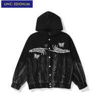 uncledonjm skeleton finger black denim jacket hip hop jean jacket men motorcycle butterfly embroidery autumn and winter