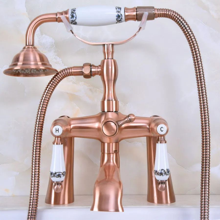 

Античный, красный, медный, латунный, 2 керамических рычага, для ванной комнаты, два отверстия, кран для ванны, смеситель с ручным душем, ana176