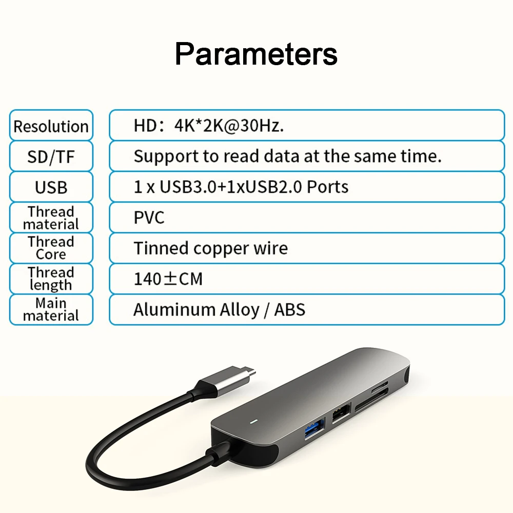 

5 in 1 Type C Hub USB3.0 HUB to HD 4K*2K 3840*2160@30Hz HDMI-Compatible Support TF/SD for Notebook Phone