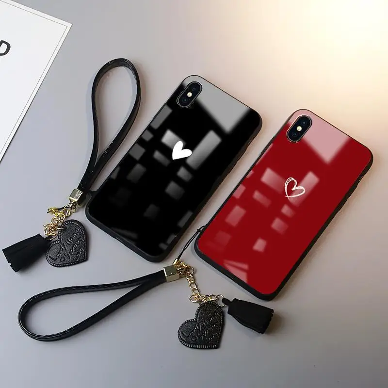 love heart glass phone case for iphone 11 pro 6 6s 7 8 plus x xr xs max simple solid color glass back cover capa with wriststrap free global shipping