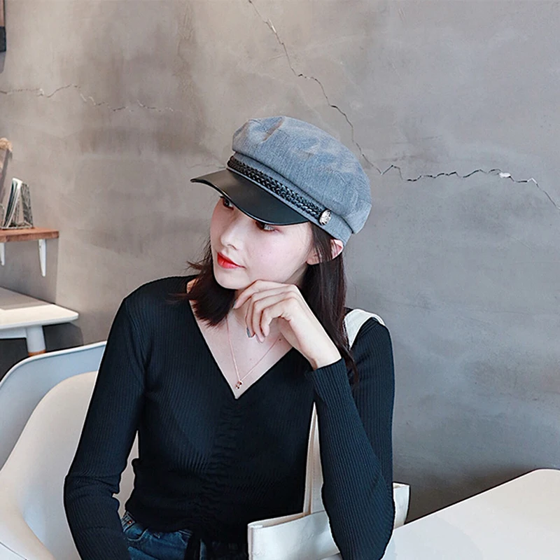 Fashion Women Beret Hat Leather Military Sailor Black Grey Caps For Men Travel Cadet Hats Captain Cap Berets | Аксессуары для