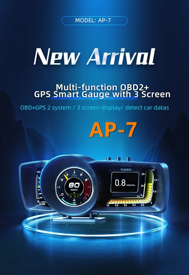 

AP-7 HUD Display+OBDGPS+Dual Drive System+Computer Improved LCD Speedometer Odometer Gauge Warning Security Alarm System