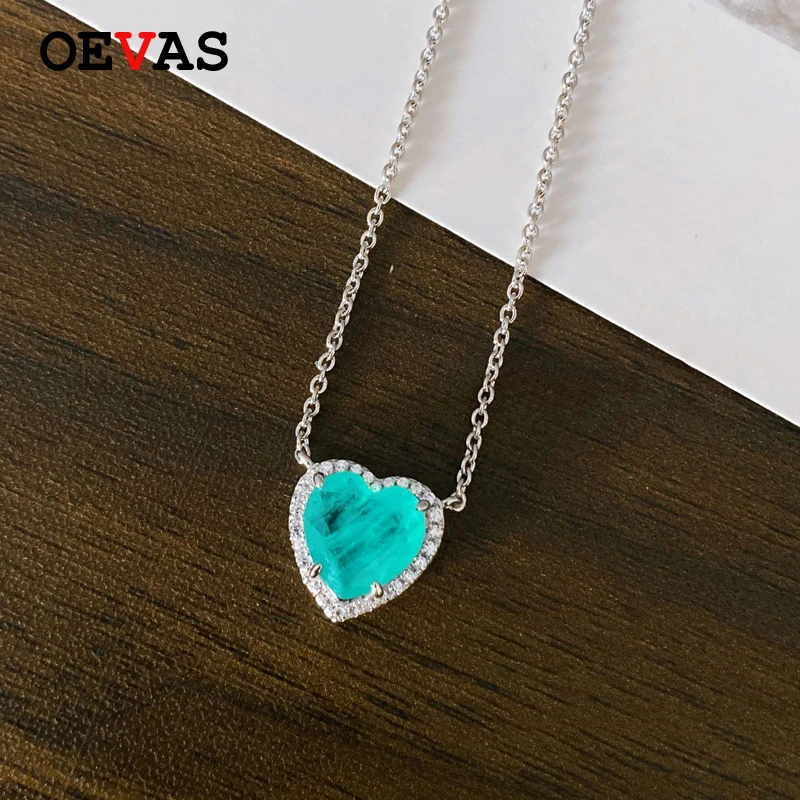 

OEVAS 100% 925 Sterling Silver 10*10mm Heart Synthetic Paraiba Tourmaline Pendant Necklace For Women Party Fine Jewelry Gifts