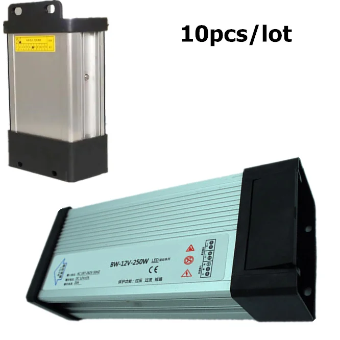 10ps Fedex DHL DC12V LED Outdoor anti-rain rainproof Power Supply 250W LED Driver Lighting Transformers Aluminum Case