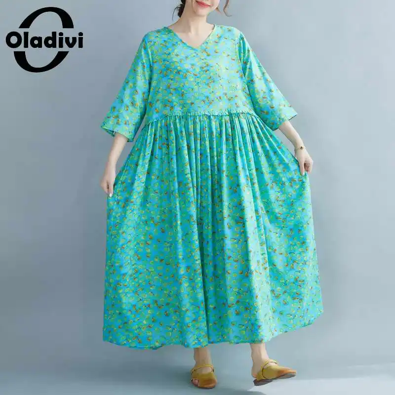 

Oladivi модные длинные платья оверсайз с принтом, Новинка лета 2021, женская пляжная одежда с коротким рукавом в стиле бохо, платье-туника для дев...