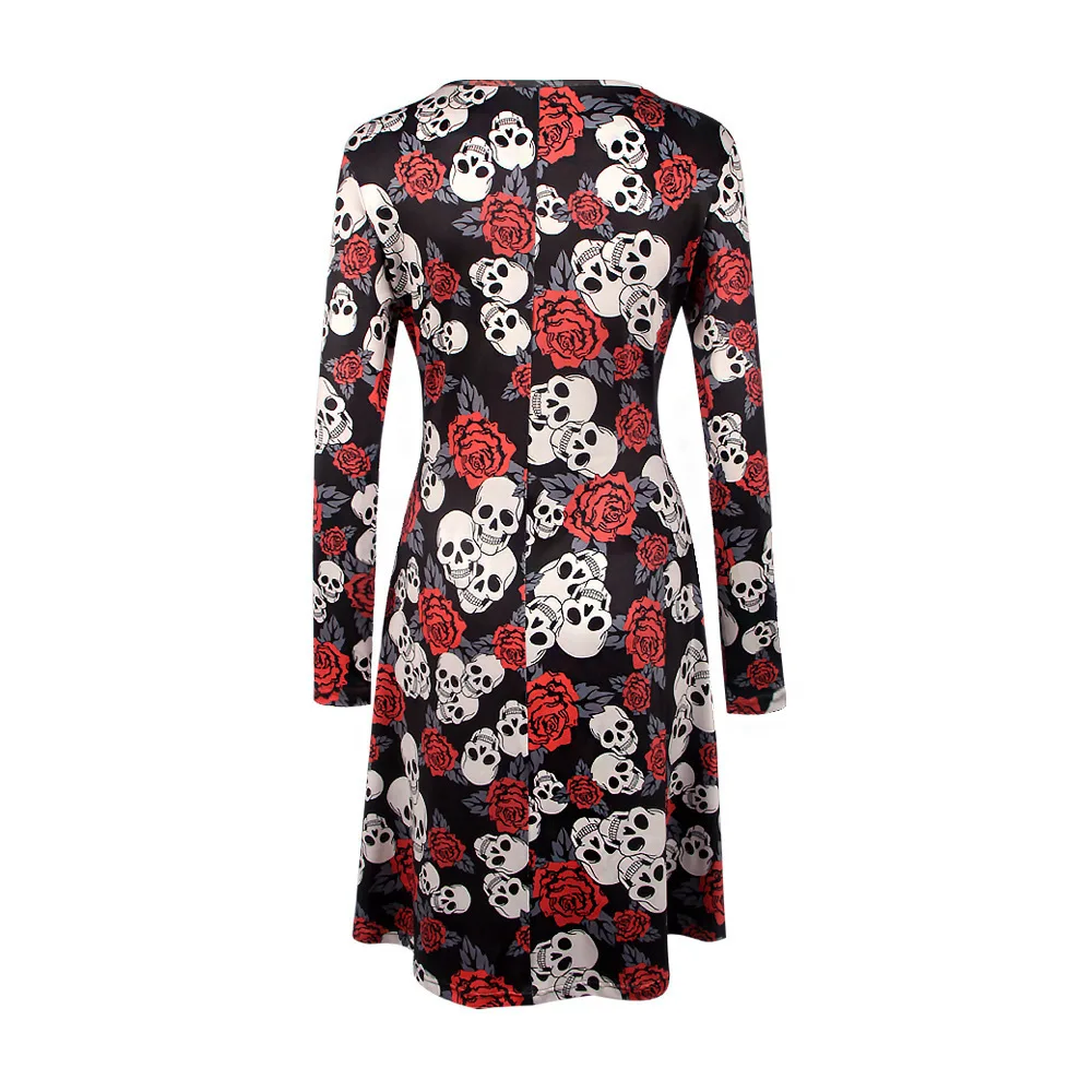 Halloween Christmas Wear Clothing Women Casual Dress Skull Print Long Sleeve Party O Neck Mini Dresses