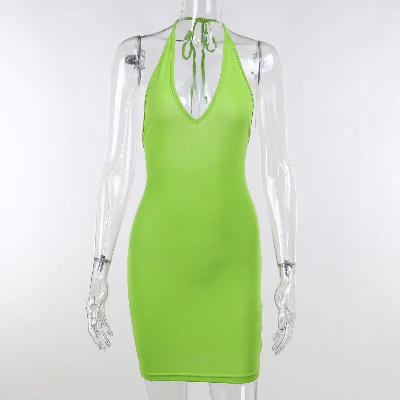 

Sexy Skinny Women's Dress V-Neck Halter Neck Sleeveless Mini Dresses 2021 Summer Solid Casual Elegant Beach Style Robe Femme