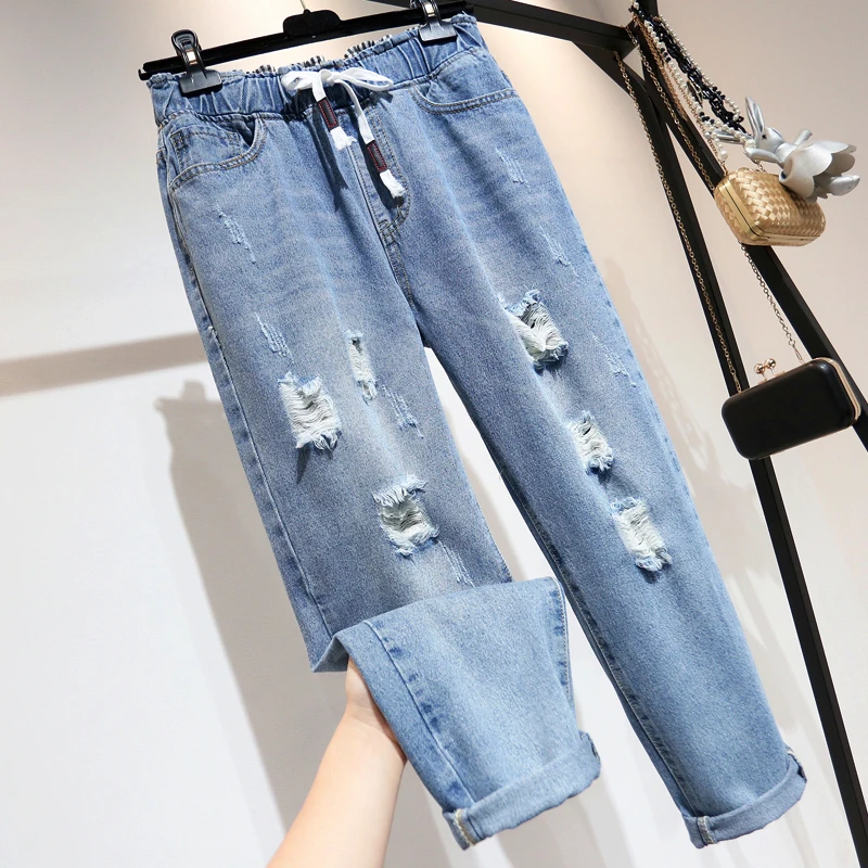 

Ripped Jeans For Women high waist Elastic Waist Loose ankle-length Denim Harem Pants Jeans Femme 4XL 5XL