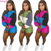 adogirl color patchwork two piece sets women tracksuit long sleeve zipper hooded sweatshirts crop tops shorts jogging sport suit