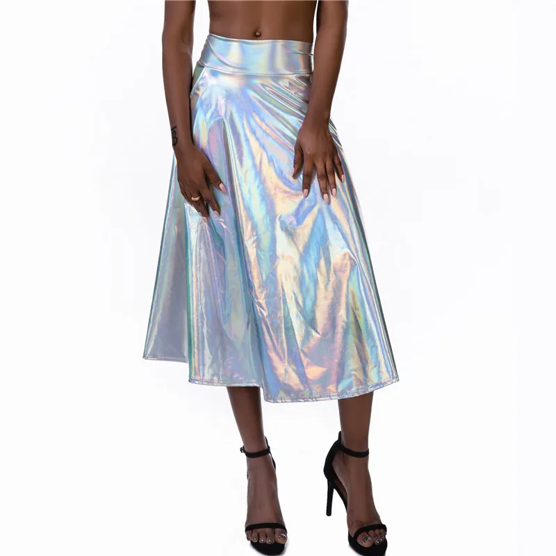 Блестящий Мокрый Вид голограмма длинная юбка высокая талия Свободные А-силуэта сексуальные женские вечерние Клубные юбки с карманом Осенняя мода