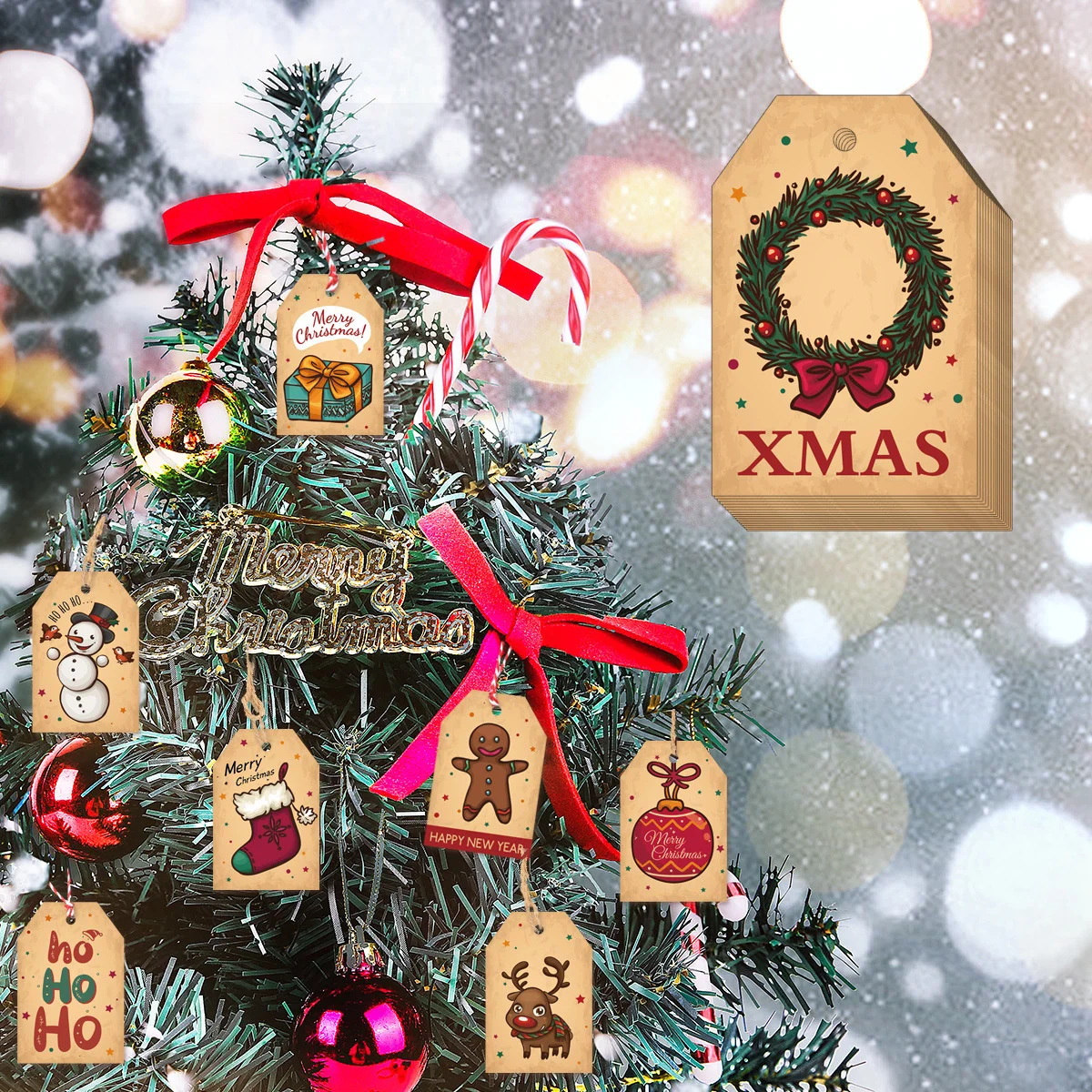 

48PCS Christmas Craft Paper Tags Xmas Tree Hanging Decoration for 2021 Navidad Noel Gift Wrapping Christmas DIY Supplies