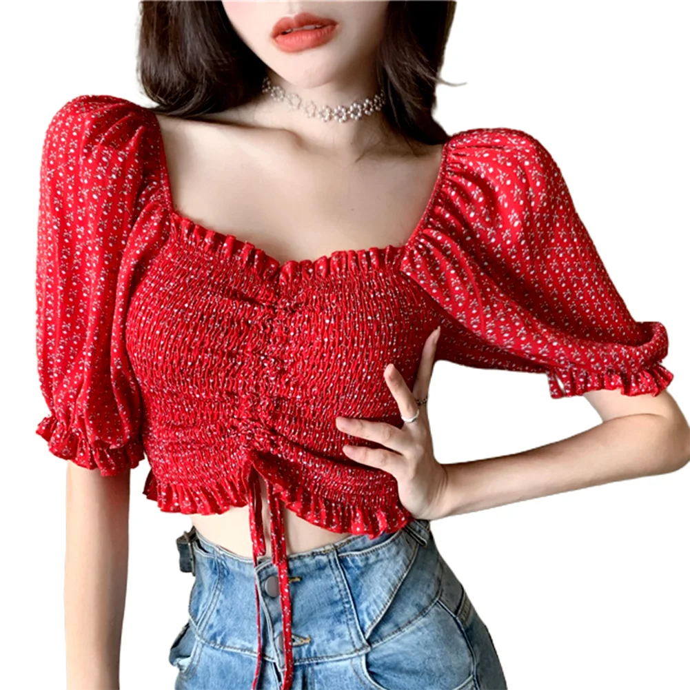 

tops Women Blouses Floral Print Short Puff Sleeve Square Neck Off Shoulder Crop Top Blouse ropa de mujer 2020