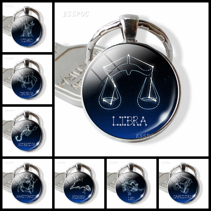 

Leo Aries Virgo Key Chain 12 Constellation Zodiac Sign Pendant Keychains Glass Cabochon Jewelry Keyring Gift for Women Gifts
