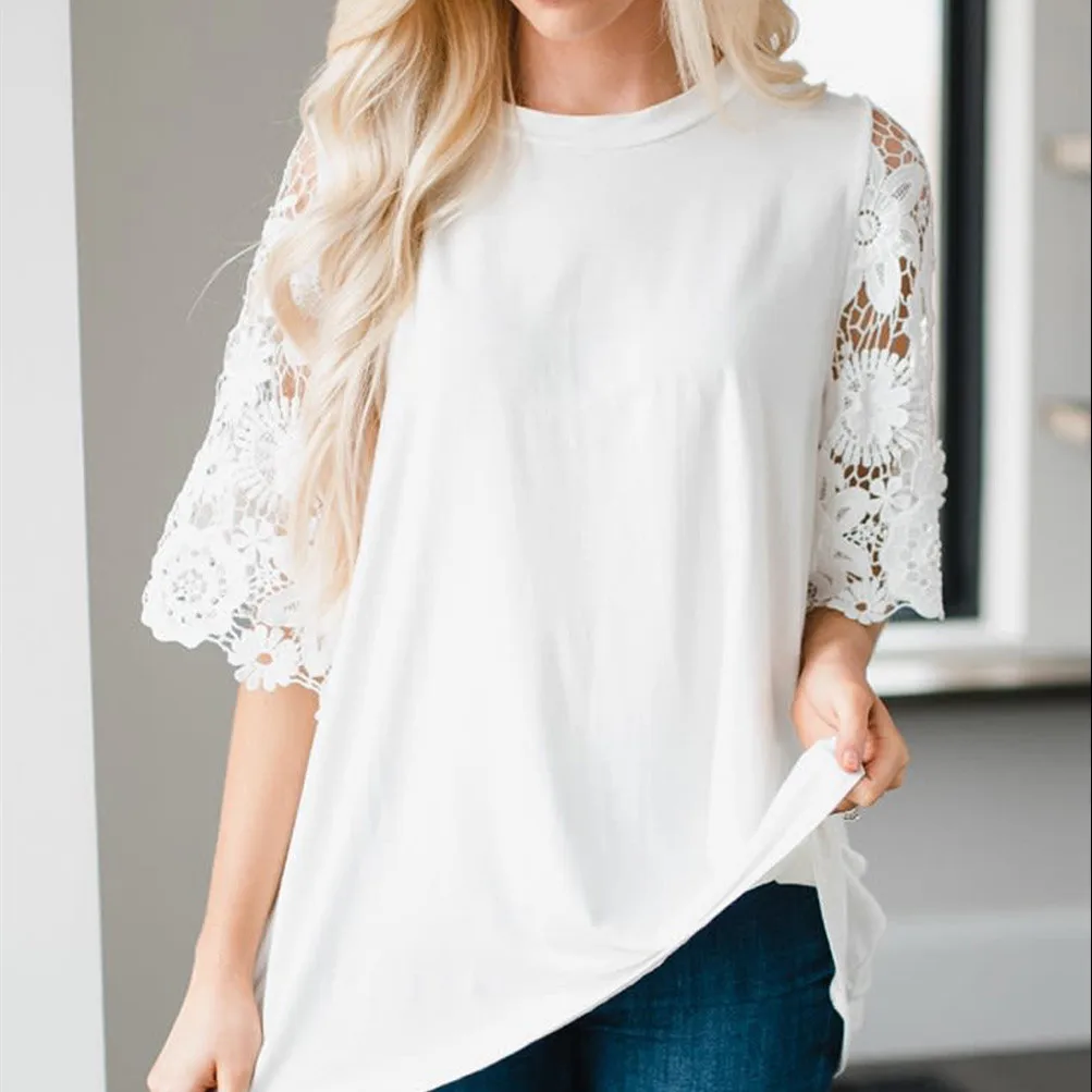 

Модные женские футболки, кружевные расклешенные оборки, женские топы с коротким рукавом, удобные женские рубашки, летняя Высококачественна...