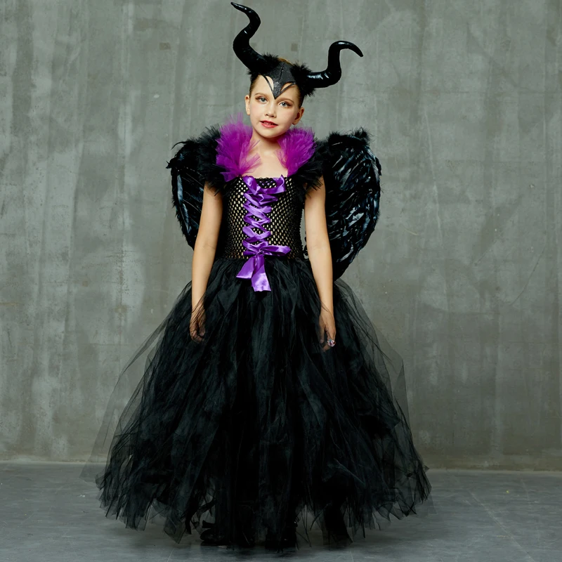 Maleficent/платье-пачка «злая королева» для девочек с роговыми крыльями; костюм ведьмы для косплея; детское праздничное рождественское платье