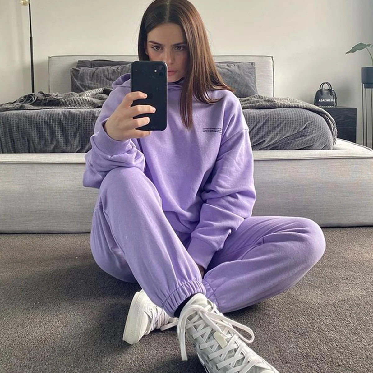 

Спортивный костюм женский из двух предметов, хлопковый однотонный спортивный костюм с надписью, повседневная кофта с капюшоном, тренировоч...