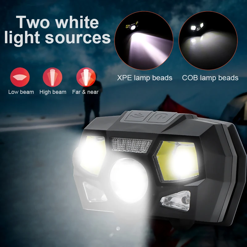 

Waterproof LED Headlamp XPE+COB Motion Sensor Super Bright Head Lamp Torch Headlight USB Rechargeable Flashlight