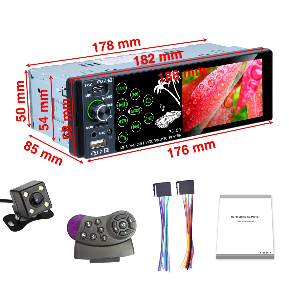 

P5180 1 Din Car Radio Stereo Multimedia Player 3.8" IPS Touch Screen In-Dash MP5 Player Bluetooth AUX USB FM Receiver Autoradio