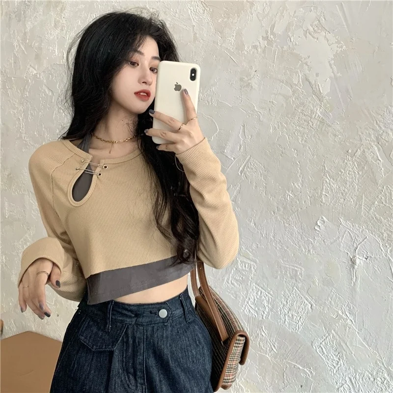 Женская короткая футболка с длинным рукавом облегающая весна-осень 2021 | одежда