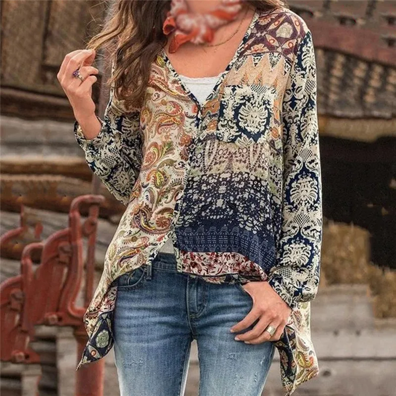 

Spring Autumn Women Casual Flower Print Linen Button Long Lantern Sleeve Tunic Blouse National Feature Wear