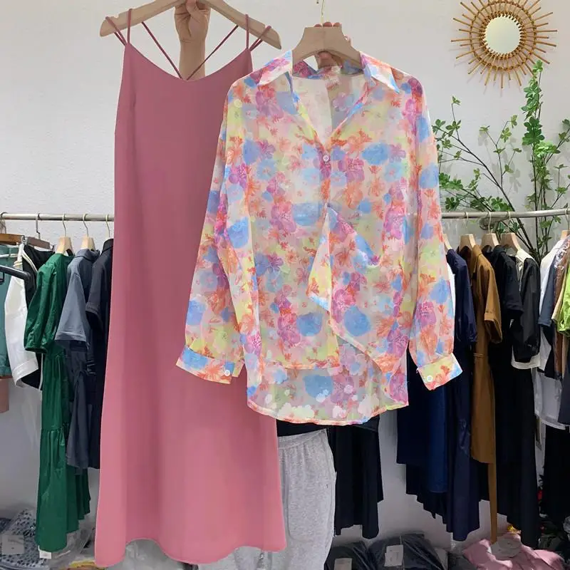 

Fashion Design Women Dress Sets Summer New 2021 Floral Shirts And Pink Straight Knee-Length Dresses Female Clothing Suits