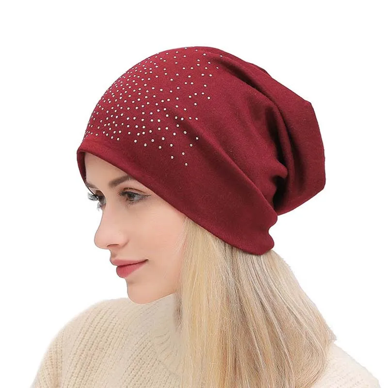 Модные зимние женские шапки с жемчугом одноцветные бини мягкие теплые хлопковые
