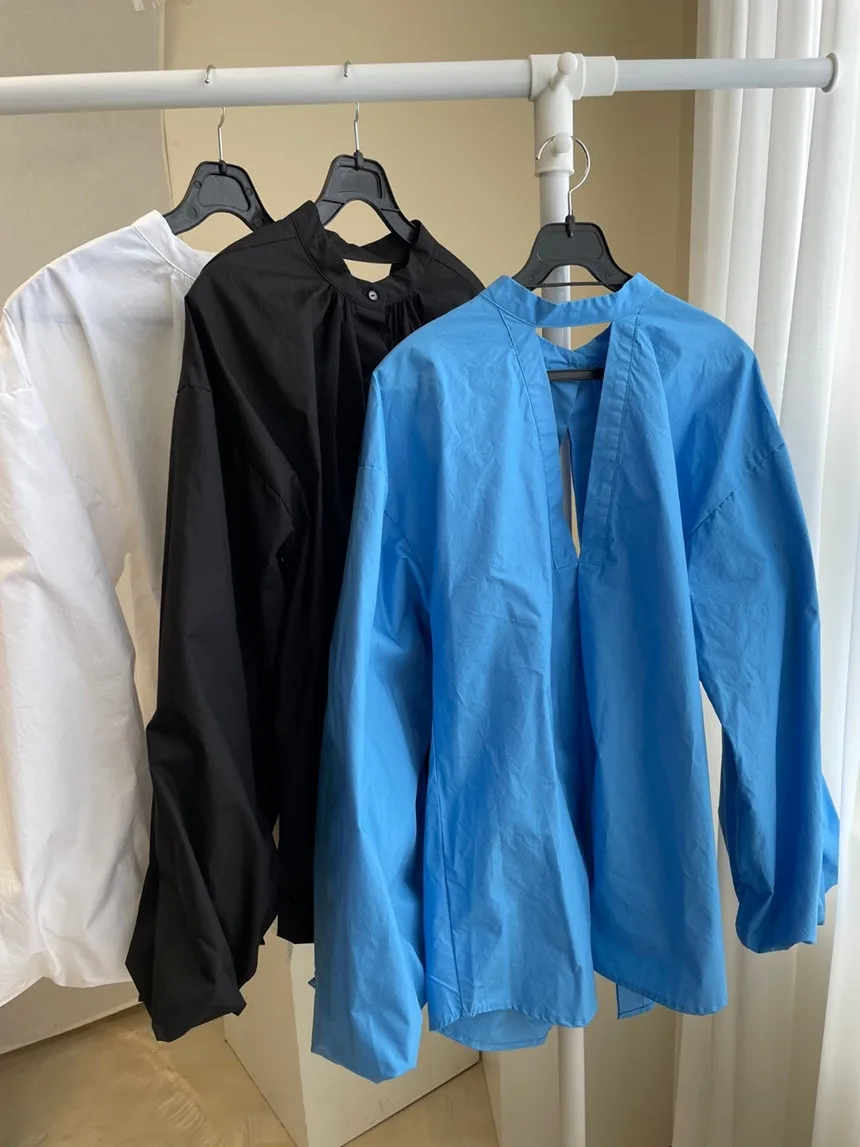 

Two-wear Cut-out Shirt Women Single-Breasted Chic Oversize White Shirts Stand Collar Elegant Lady Shirt Top