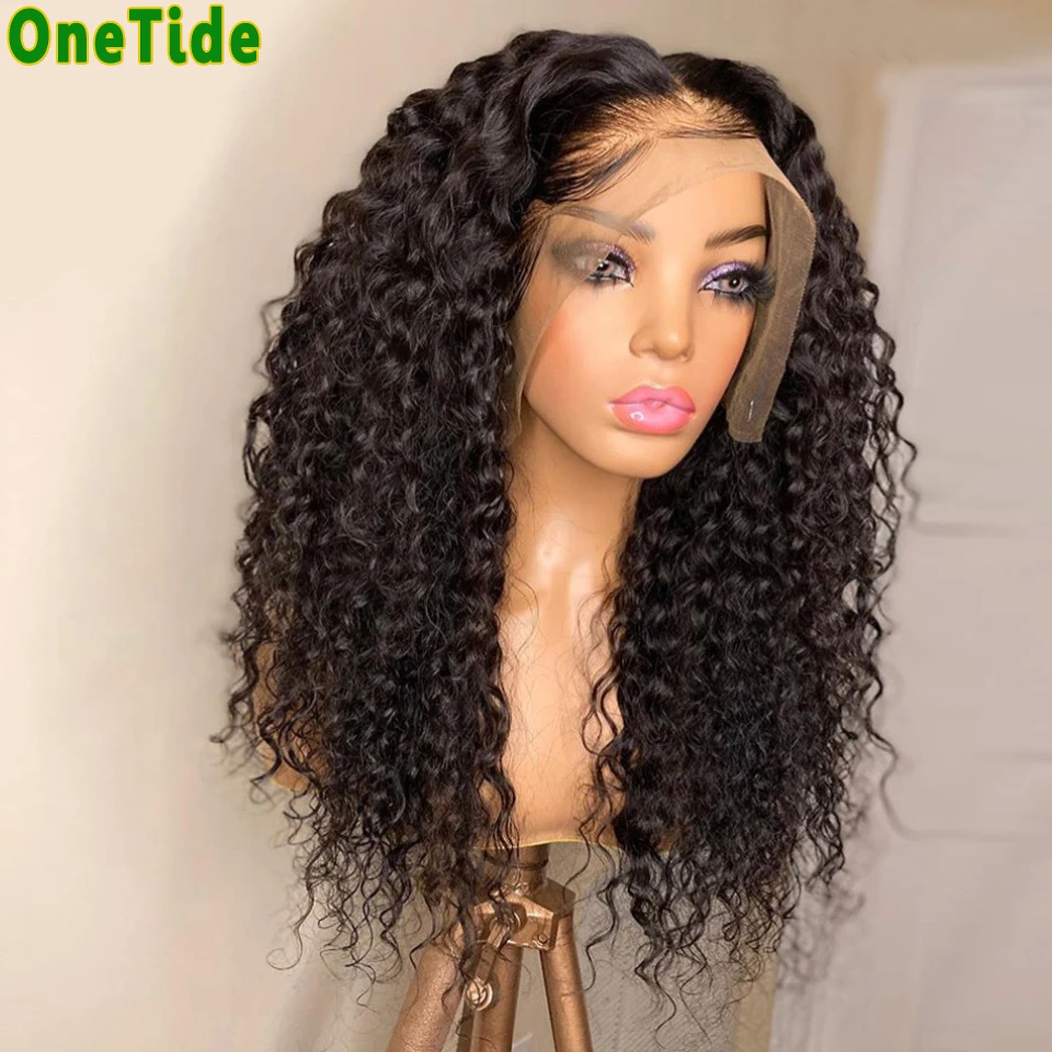 ONETIDE 30 Inch Deep Wave Curly Lace Front Wig Brazilian kinky Curly Human Hair Wigs T Part Lace Front Wig Frontal Closure Wig