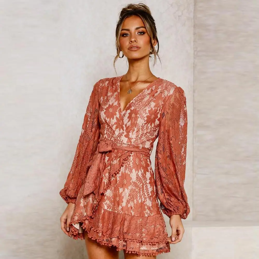 WildPinky Women Autumn Winter Short Dress Female 2020 Fashion Lantern Sleeve Mini White Lace Ruffles Chic Tassels Vestidos | Женская