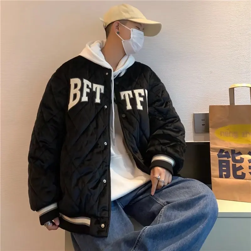 Men's Fashion Diamond Cotton Jacket Tide Brand Ins Autumn and Winter Loose Thickening Couple Baseball Uniform Jacket Winter Coat
