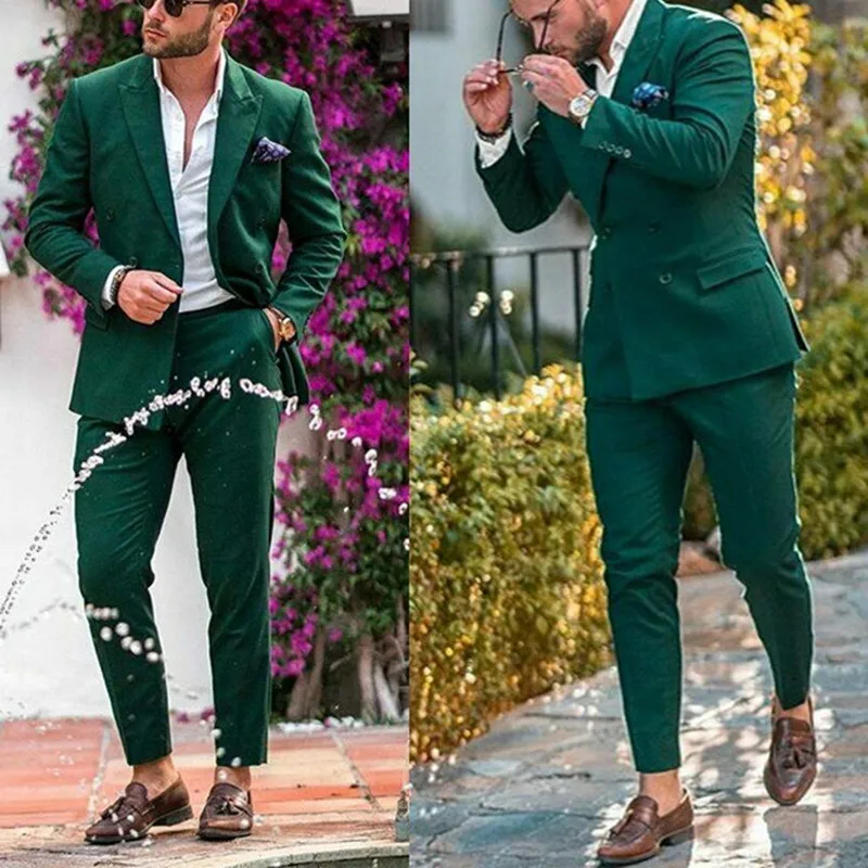 

Men's Green Suits Double-breasted Groom Wedding Wear Tuxedos Peak Lapel Formal Prom Suits Set 2 Pieces (Blazer+Pants)