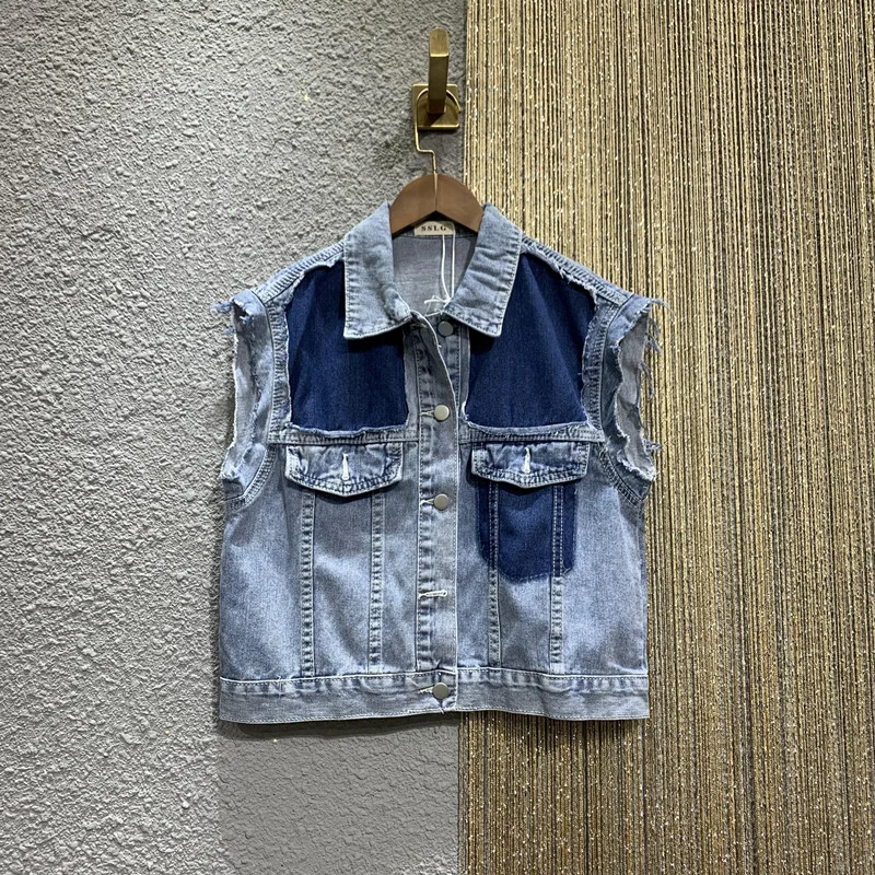 

Vintage Patchwork Contrast Color Washed Light Blue Dark Gray Denim Vest Autumn 2021 Casual Sleeveless Jean Waistcoat Veste Femme