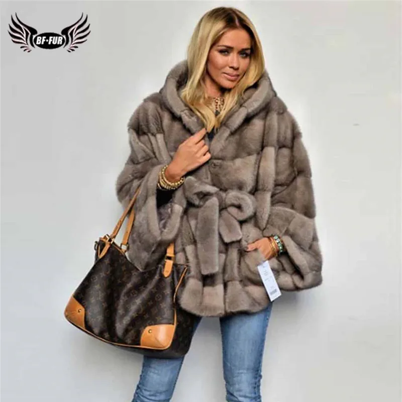 

2021 Women Real Mink Fur Coat With Hood Bat Sleeve Natural Full Pelt Genuine Mink Fur Jacket With Belt Luxury Winter Overcoats